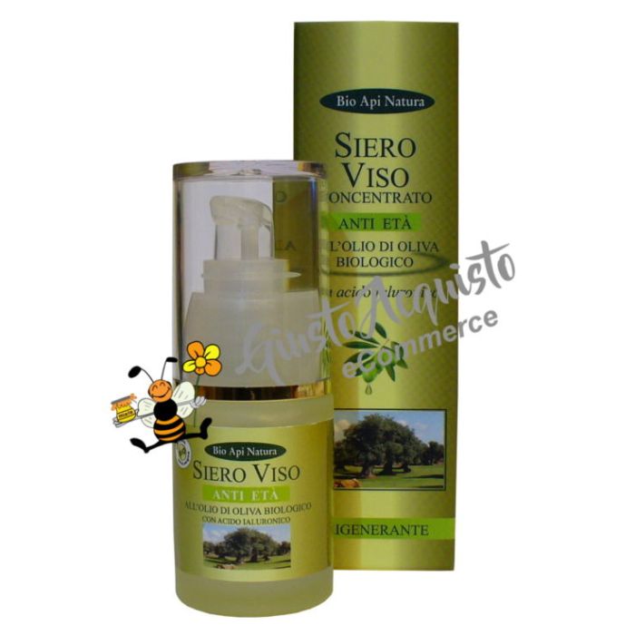 Siero viso anti età rigenerante Bioapinatura all'olio di oliva biologico e acido jaluronico.